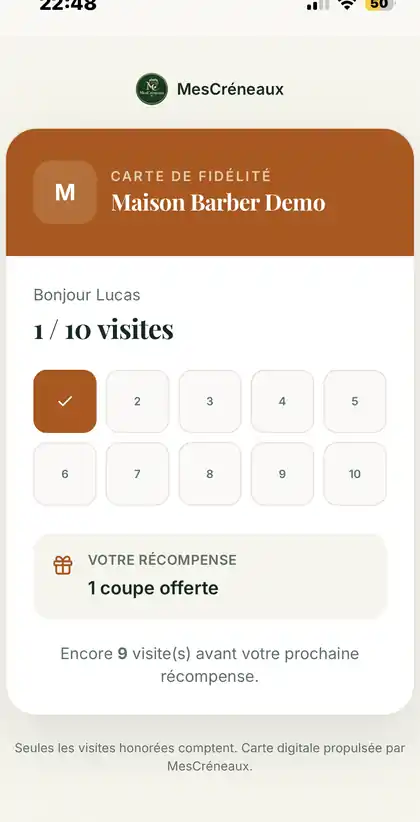 Carte de fidélité digitale MesCréneaux sur mobile